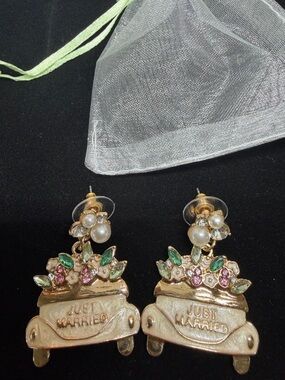 NEW Just Married Gold-Tone Drop Earrings with Green and Pink Accents